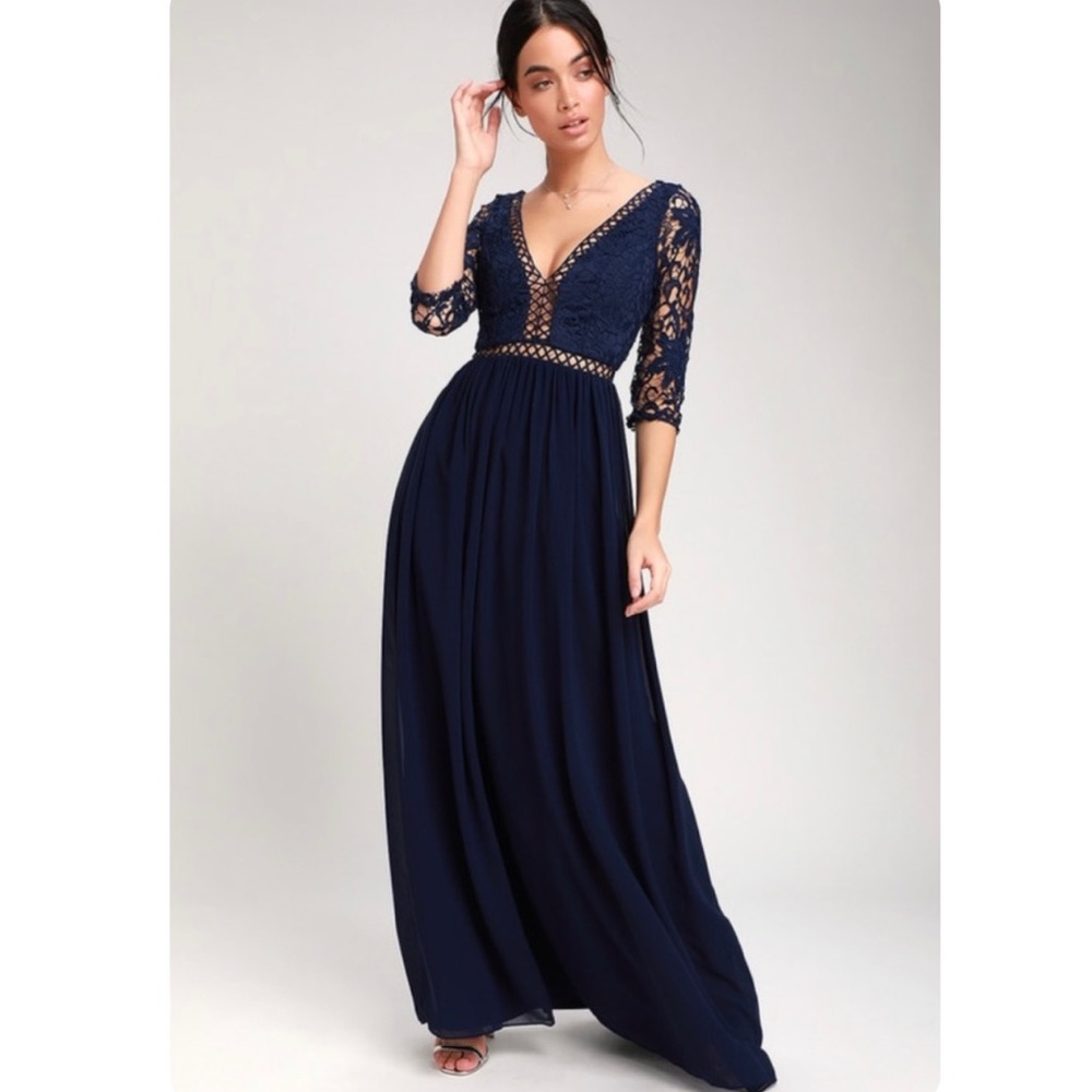 Lulus Avalynn Navy Blue Three-Quarter Sleeve Lace Crochet Maxi Dress Bridesmaid